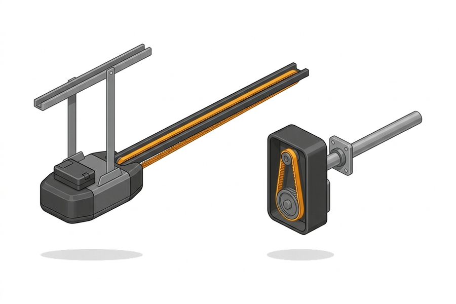 Illustration of a belt drive opener on the garage ceiling and a wall-mount opener beside the door on the torsion bar